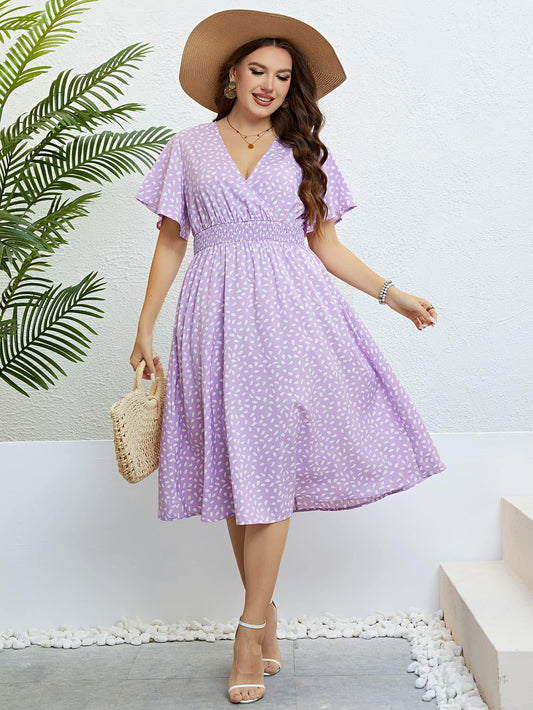 Plus Size Printed Smocked Waist Surplice Dress - Trendsi