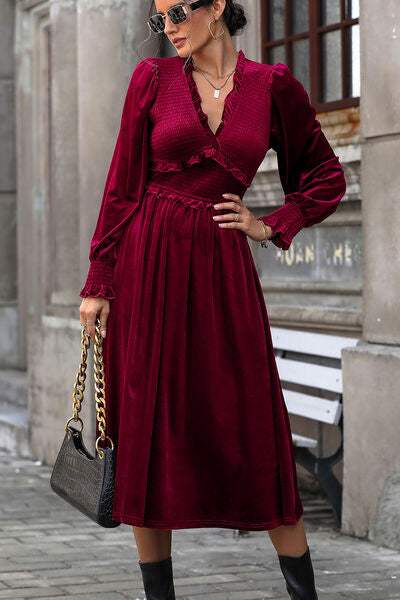 Smocked Lantern Sleeve Midi Dress - Trendsi - Flyclothing LLC