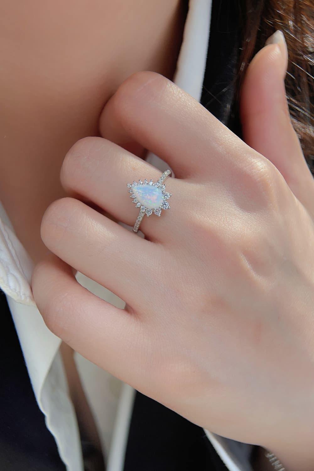 Platinum-Plated Opal Pear Shape Ring - Trendsi