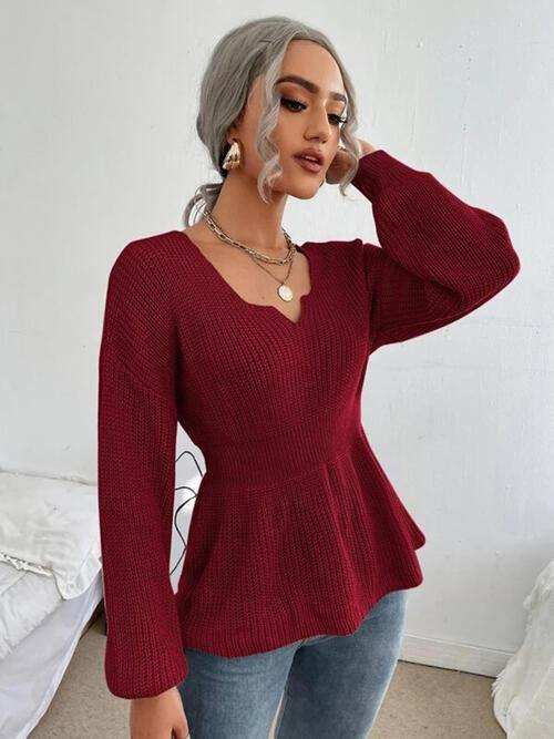 Notched Dropped Shoulder Knit Top - Trendsi - Flyclothing LLC