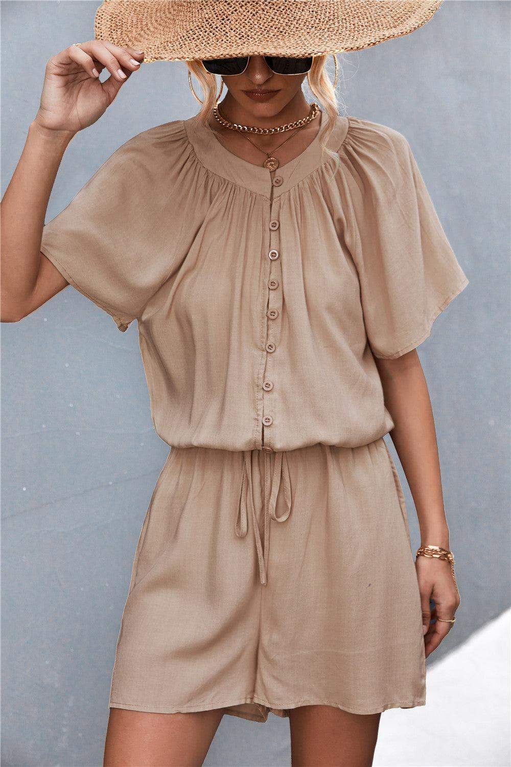 Buttoned Gather Detail Romper - Trendsi - Flyclothing LLC