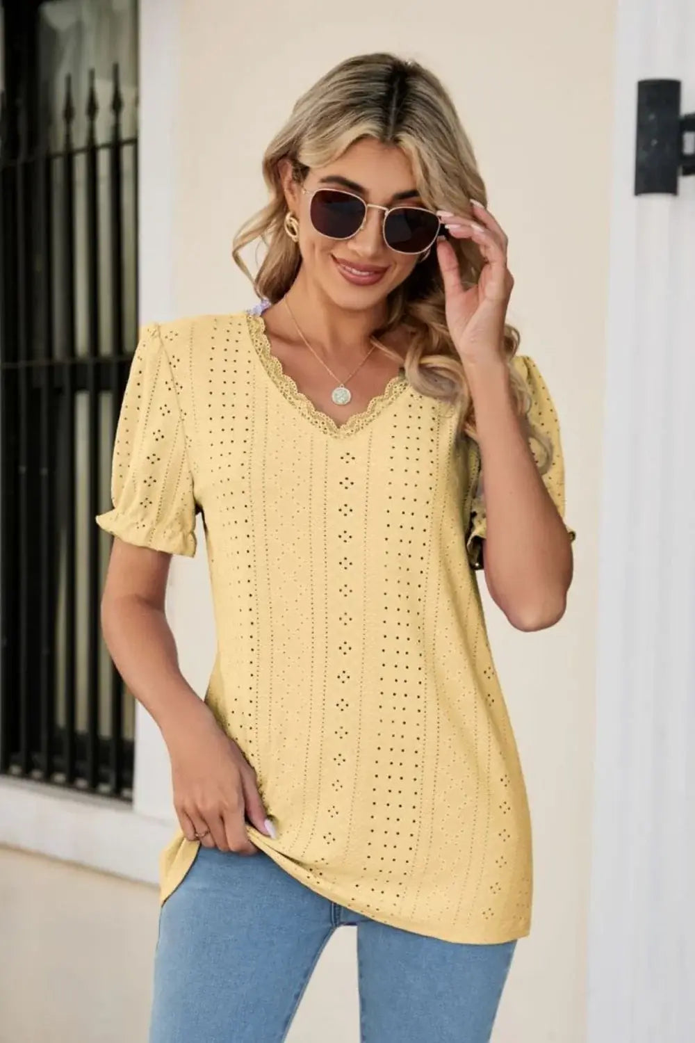Eyelet Flounce Sleeve Scalloped V-Neck Top - Trendsi - Flyclothing LLC