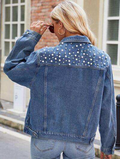 Pearl Detail Collared Neck Long Sleeve Denim Jacket - Trendsi - Flyclothing LLC