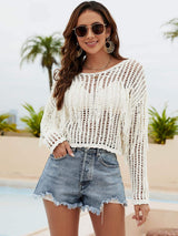 Fringe Trim Openwork Long Sleeve Cover-Up - Trendsi - Flyclothing LLC