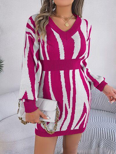 Animal Print V-Neck Long Sleeve Sweater Dress - Trendsi