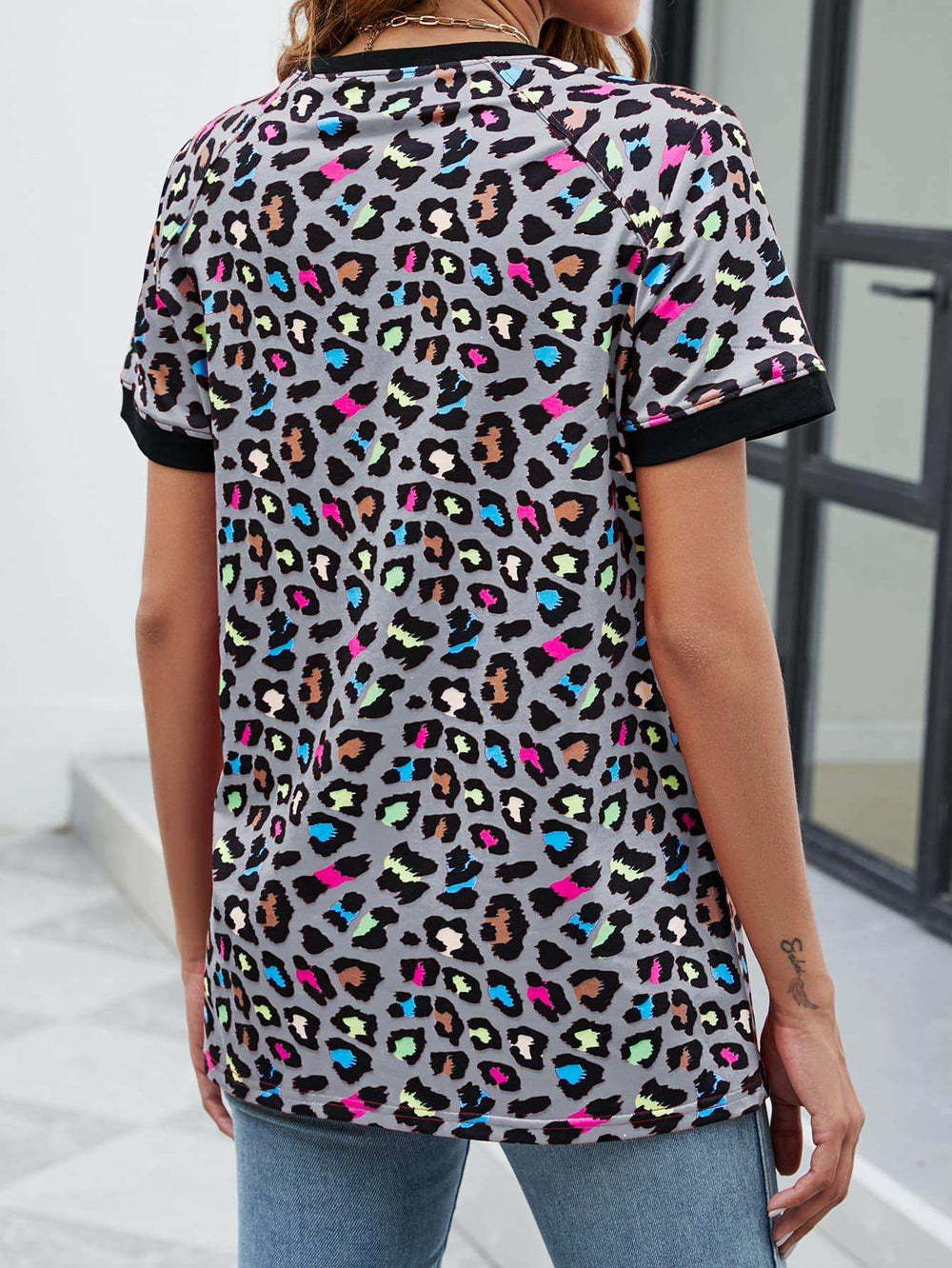 Leopard Round Neck Short Sleeve Tee Shirt - Trendsi - Flyclothing LLC