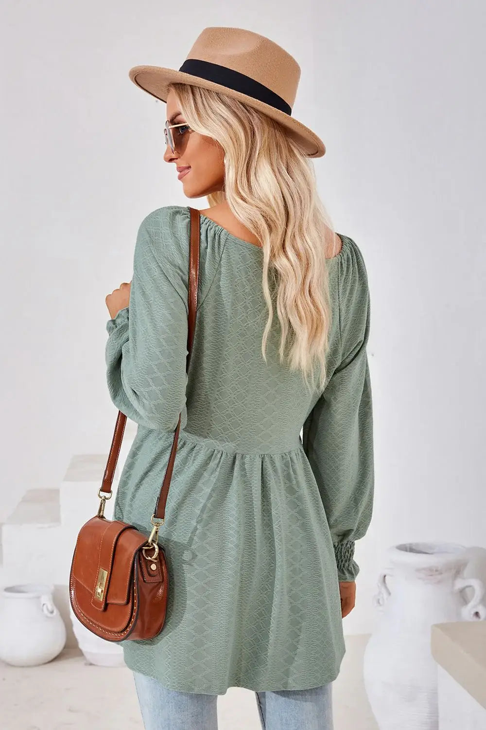 V-Neck Lantern Sleeve Blouse - Trendsi - Flyclothing LLC