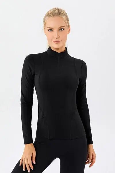Mock Neck Quarter Zip Active T-Shirt - Trendsi - Flyclothing LLC