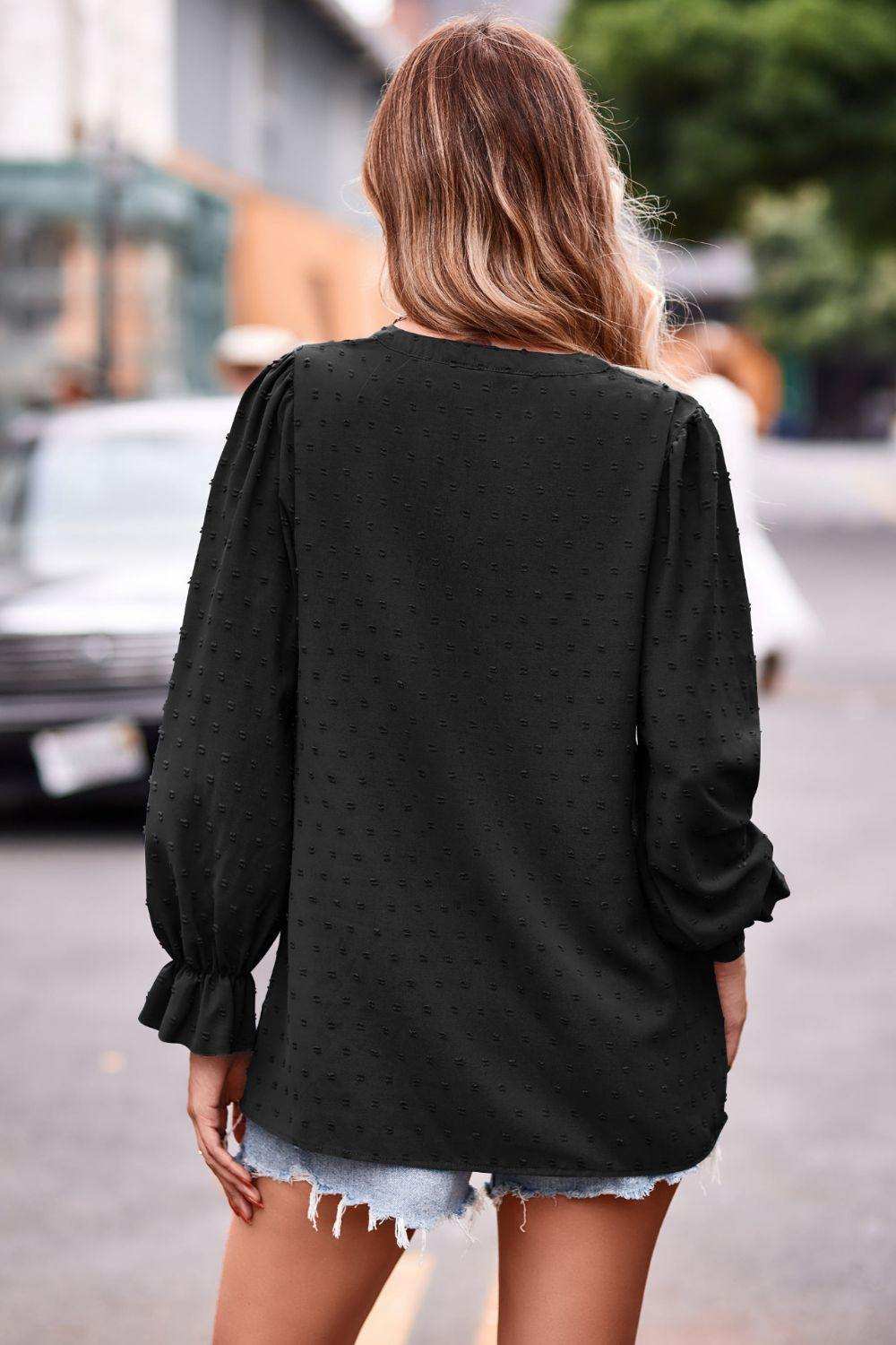 Swiss Dot Notched Neck Flounce Sleeve Blouse - Trendsi - Flyclothing LLC