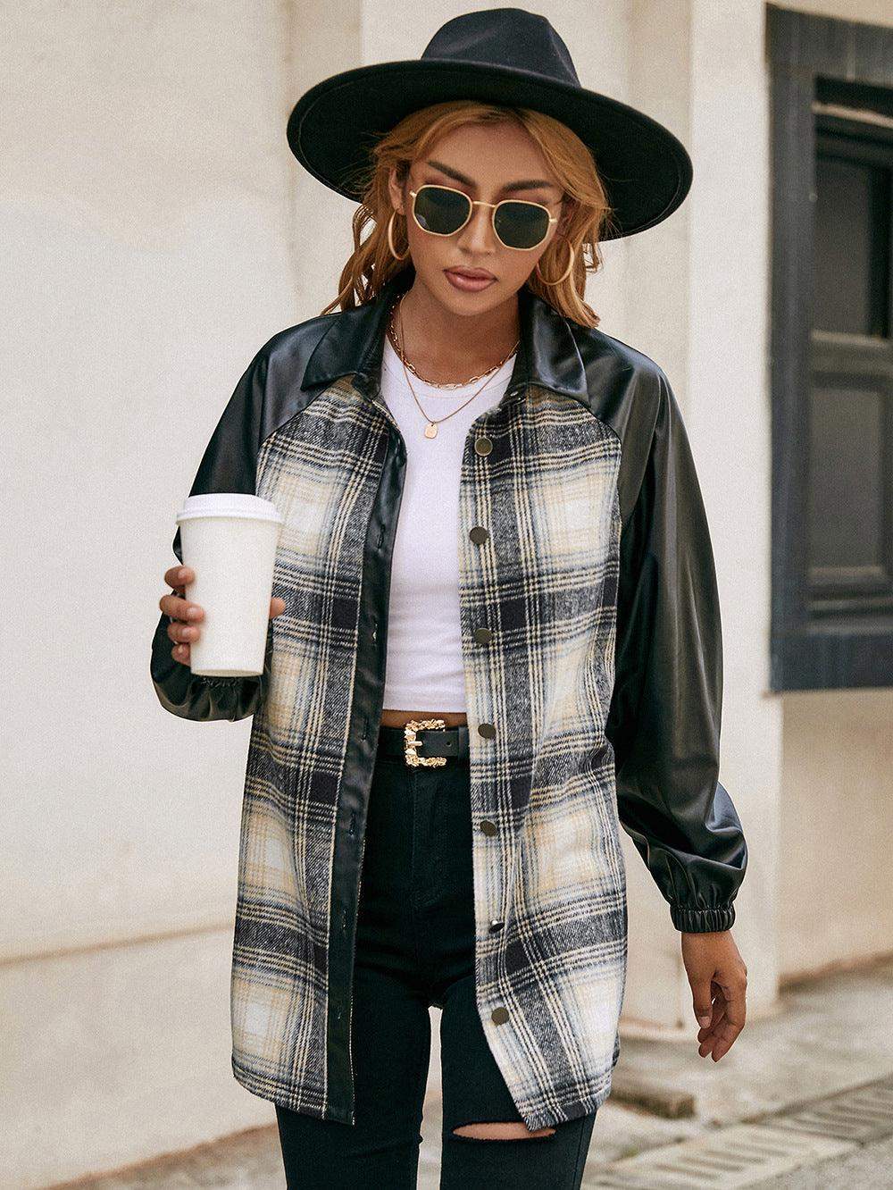 Plaid Button Down Raglan Sleeve Jacket - Trendsi - Flyclothing LLC