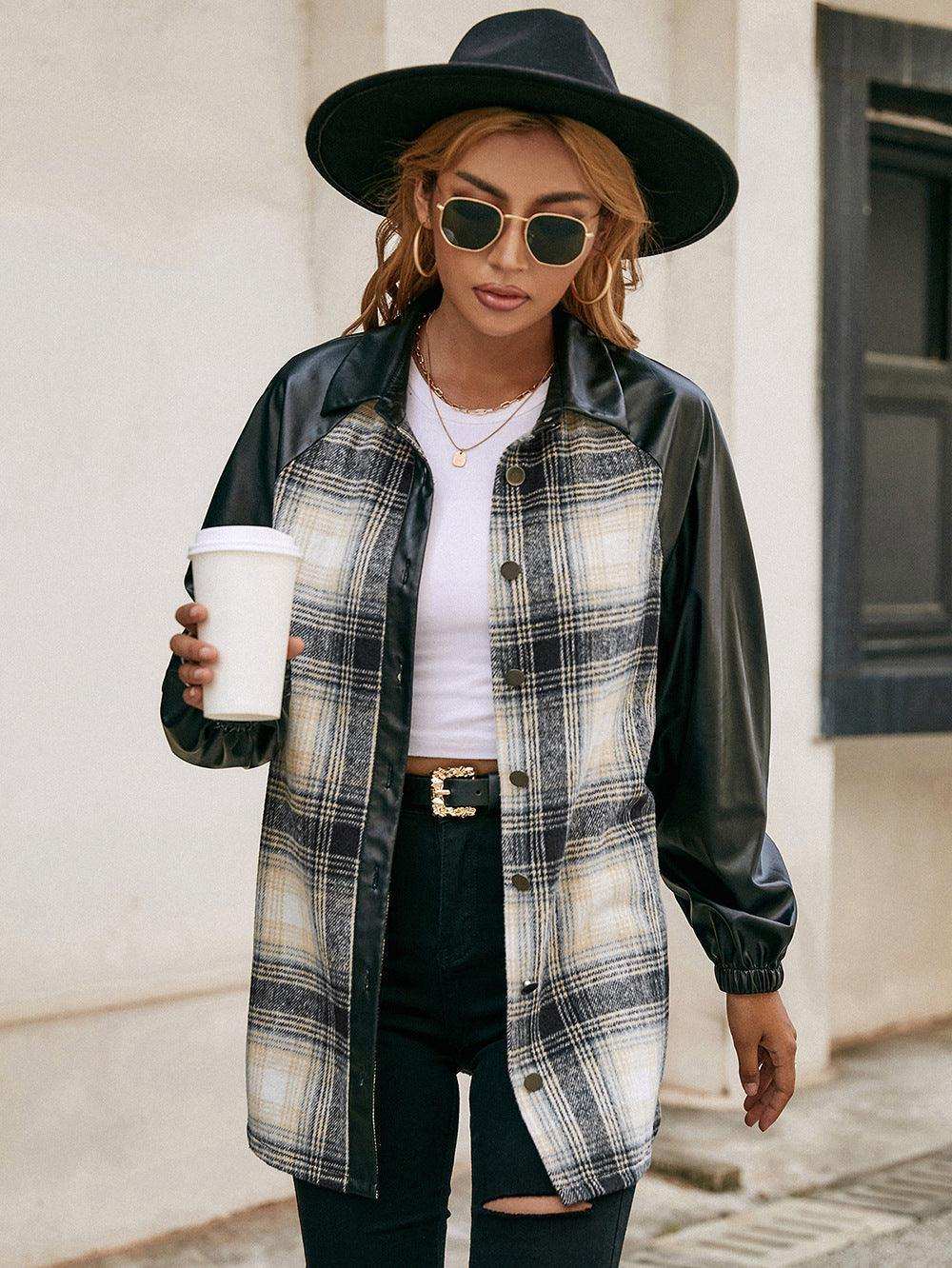 Plaid Button Down Raglan Sleeve Jacket - Trendsi - Flyclothing LLC