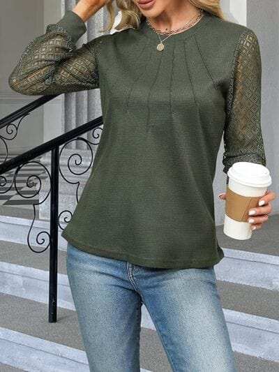 Waffle-Knit Round Neck Long Sleeve Blouse - Trendsi - Flyclothing LLC