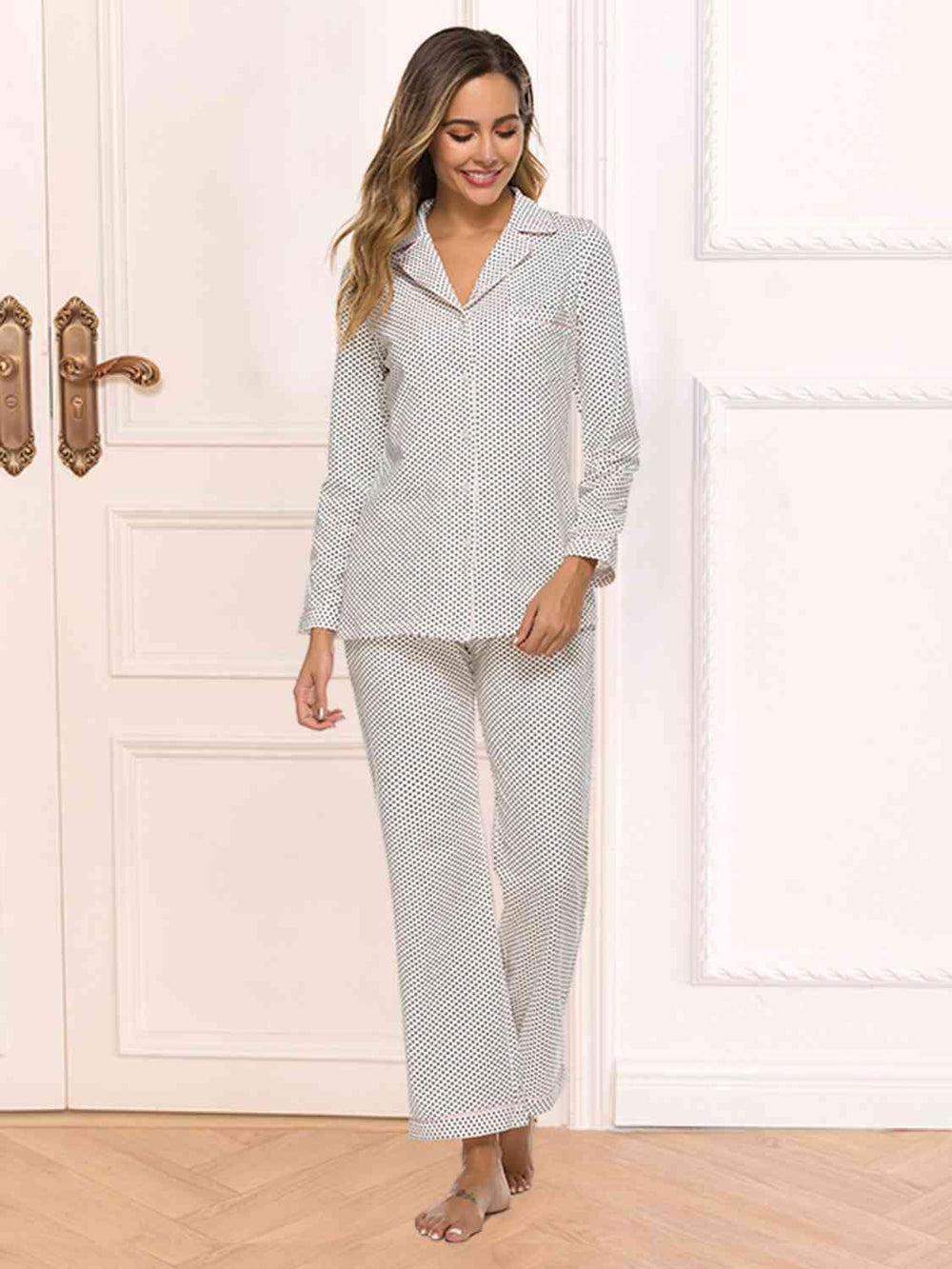 Collared Neck Loungewear Set with Pocket - Trendsi