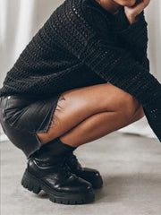 Openwork Round Neck Dropped Shoulder Knit Top - Trendsi