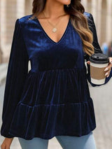 V-Neck Balloon Sleeve Peplum Blouse - Trendsi - Flyclothing LLC