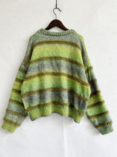Striped Round Neck Long Sleeve Sweater - Flyclothing LLC