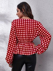 Plaid V-Neck Balloon Sleeve Peplum Blouse - Trendsi