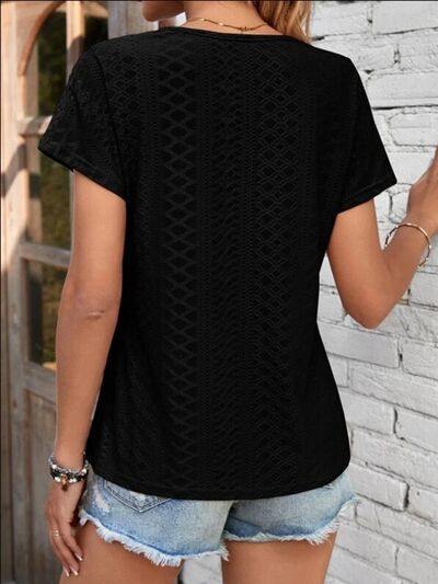 Eyelet V-Neck Short Sleeve T-Shirt - Trendsi