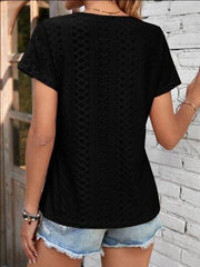 Eyelet V-Neck Short Sleeve T-Shirt - Trendsi