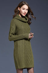 Full Size Mixed Knit Cowl Neck Dropped Shoulder Sweater Dress - Trendsi
