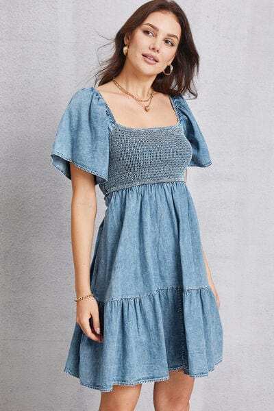 Smocked Square Neck Mini Denim Dress - Trendsi - Flyclothing LLC