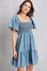 Smocked Square Neck Mini Denim Dress - Flyclothing LLC
