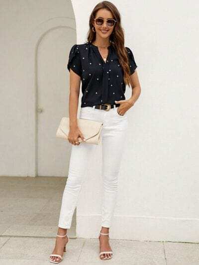 Heart Print Notched Petal Sleeve Blouse - Trendsi - Flyclothing LLC