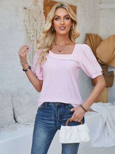 Eyelet Asymmetrical Neck Short Sleeve T-Shirt - Trendsi - Flyclothing LLC
