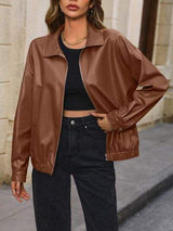Pocketed Zip Up Collared Neck Jacket - Trendsi - Flyclothing LLC