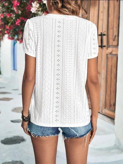Eyelet V-Neck Petal Sleeve T-Shirt - Trendsi