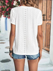 Eyelet V-Neck Petal Sleeve T-Shirt - Trendsi