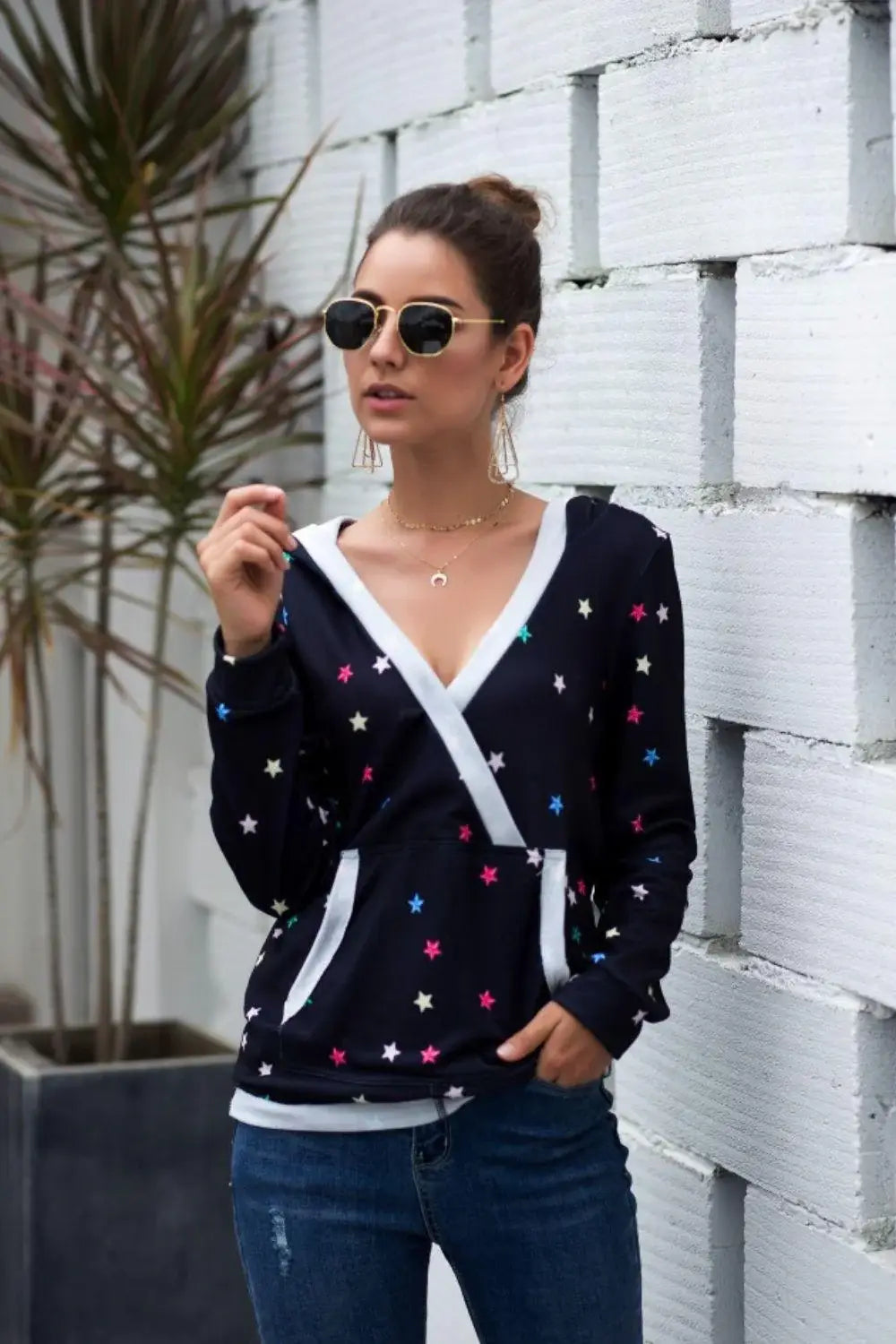 Star Print Kangaroo Pocket Hoodie - Trendsi - Flyclothing LLC