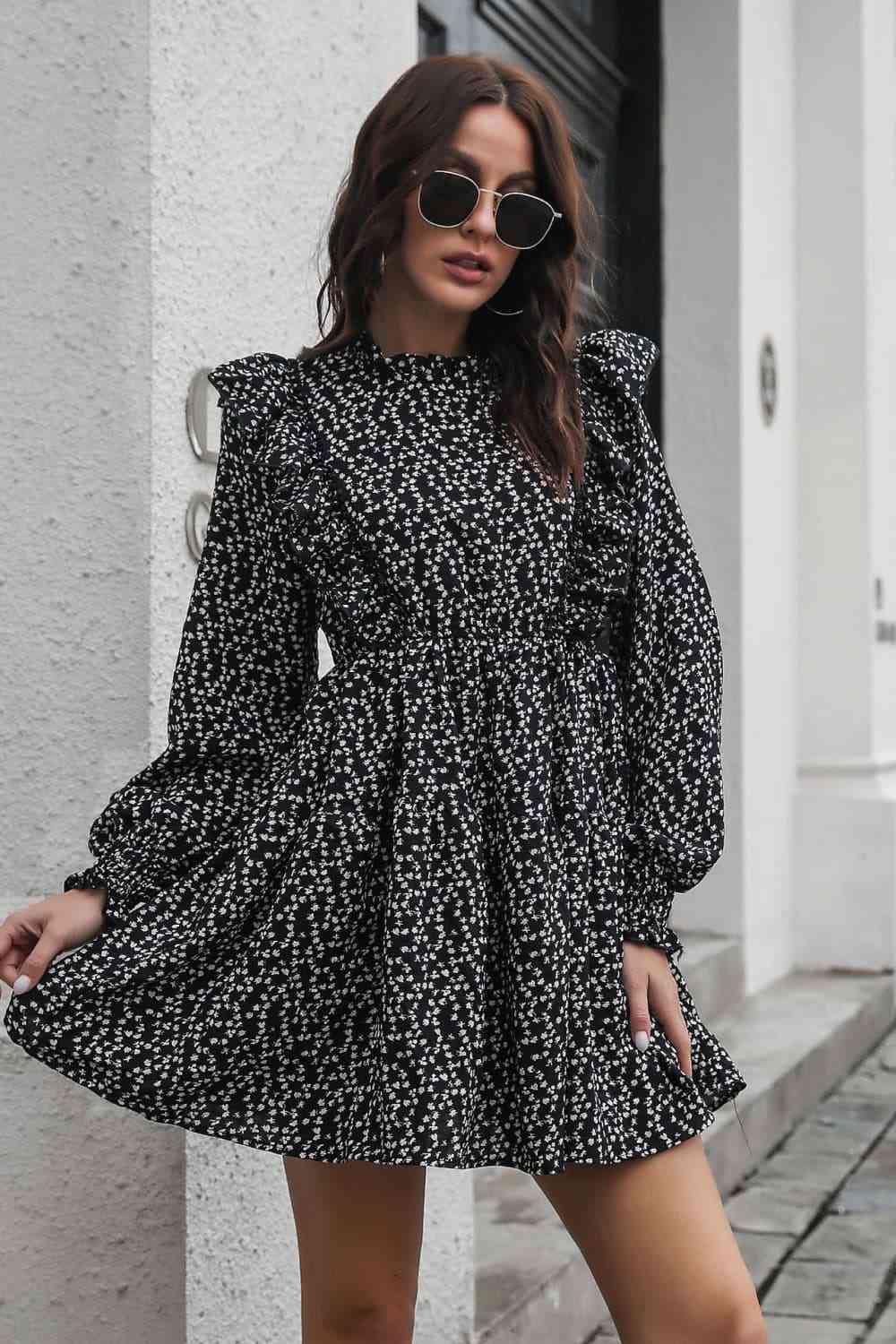 Printed Ruffle Trim Smocked Long Sleeve Mini Dress - Trendsi