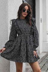 Printed Ruffle Trim Smocked Long Sleeve Mini Dress - Trendsi - Flyclothing LLC