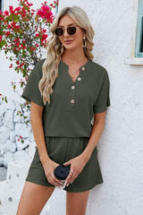 Notched Button Detail Dropped Shoulder Top and Shorts Set - Trendsi - Flyclothing LLC
