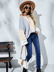 Color Block Balloon Sleeve Boat Neck Sweater - Trendsi