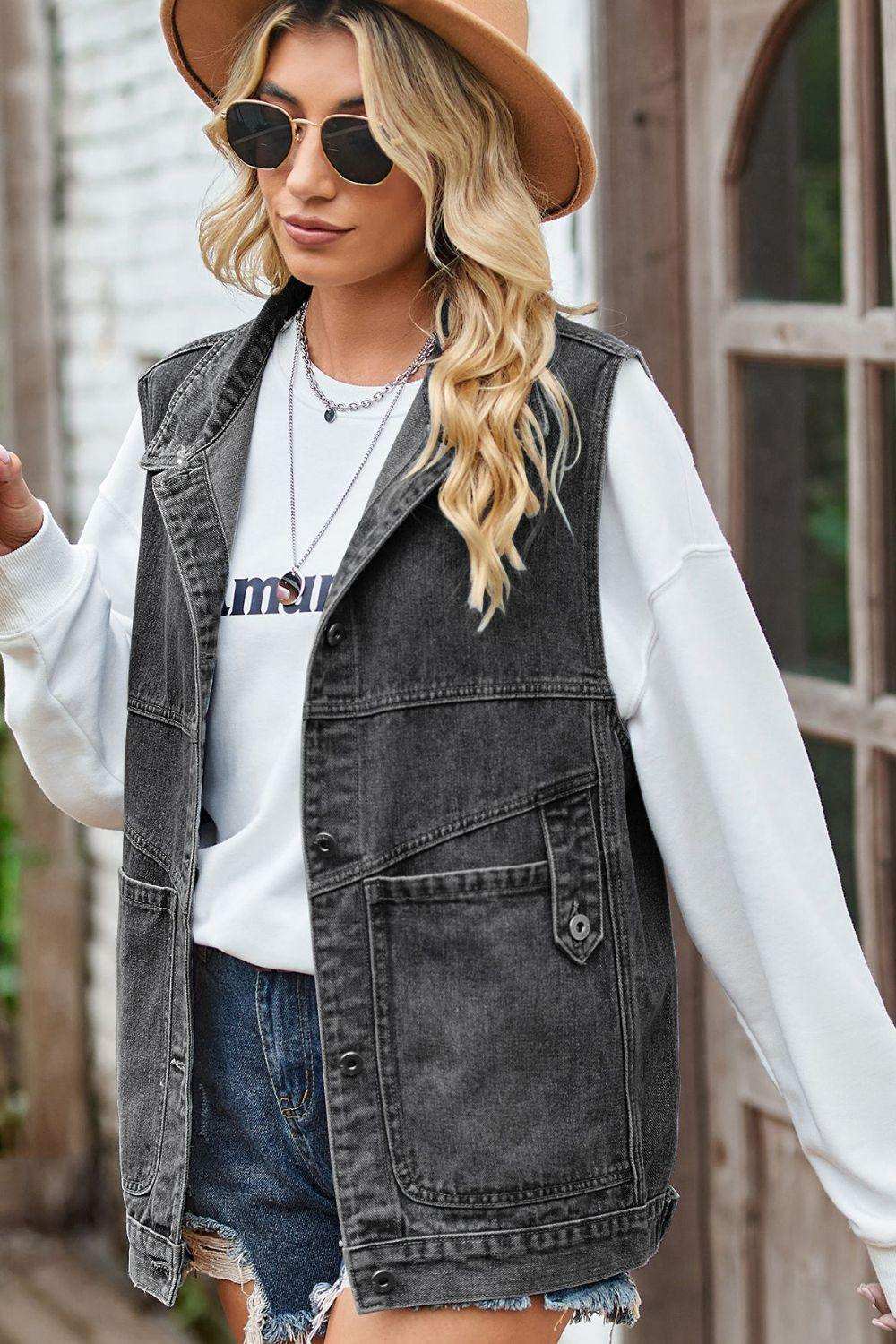 Sleeveless Denim Top with A Detachable Hood - Trendsi - Flyclothing LLC