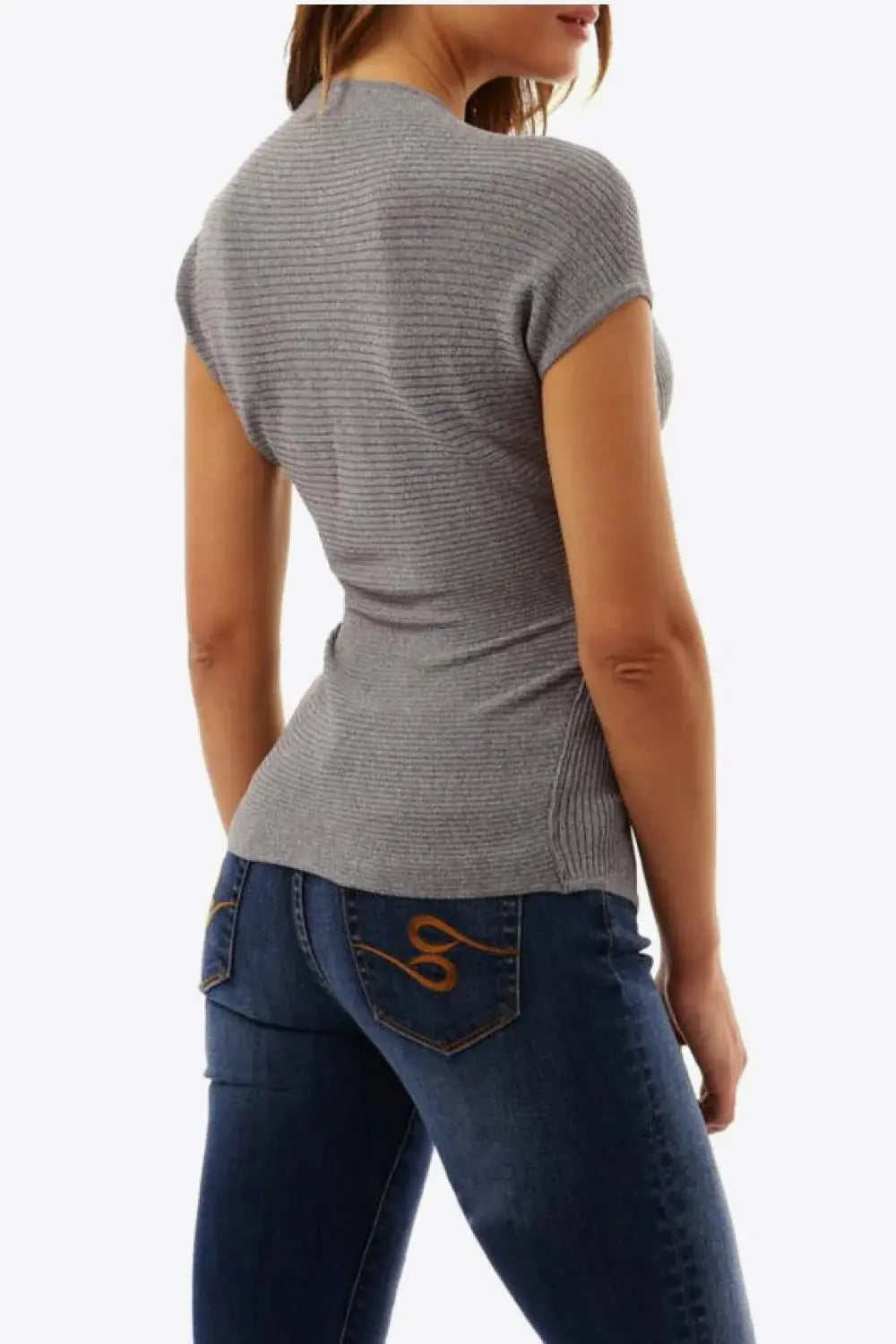 Ribbed Surplice Neck Slit Top - Trendsi - Flyclothing LLC