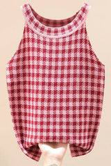 Plaid Round Neck Sleeveless Knit Top - Trendsi - Flyclothing LLC
