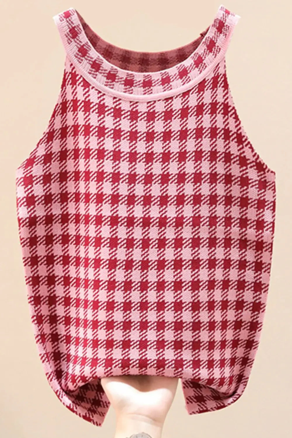 Plaid Round Neck Sleeveless Knit Top - Trendsi - Flyclothing LLC