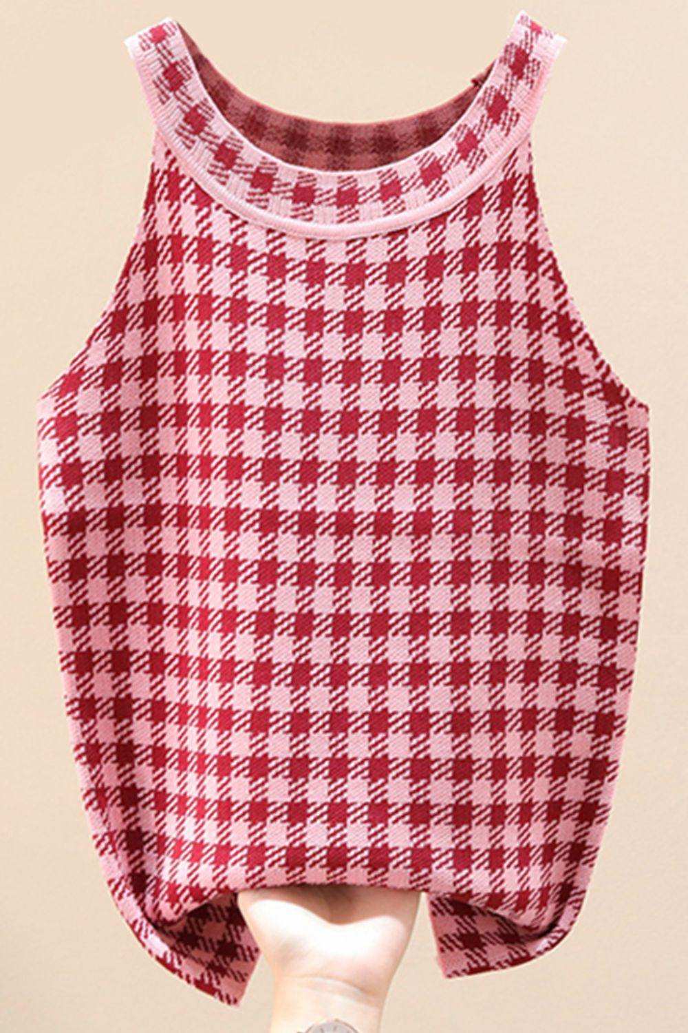 Plaid Round Neck Sleeveless Knit Top - Trendsi - Flyclothing LLC