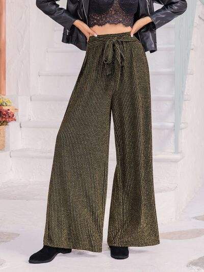 Ribbed Tied Wide Leg Pants - Trendsi - Flyclothing LLC