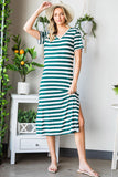 Striped V-Neck Short Sleeve Side Slit Dress - Trendsi
