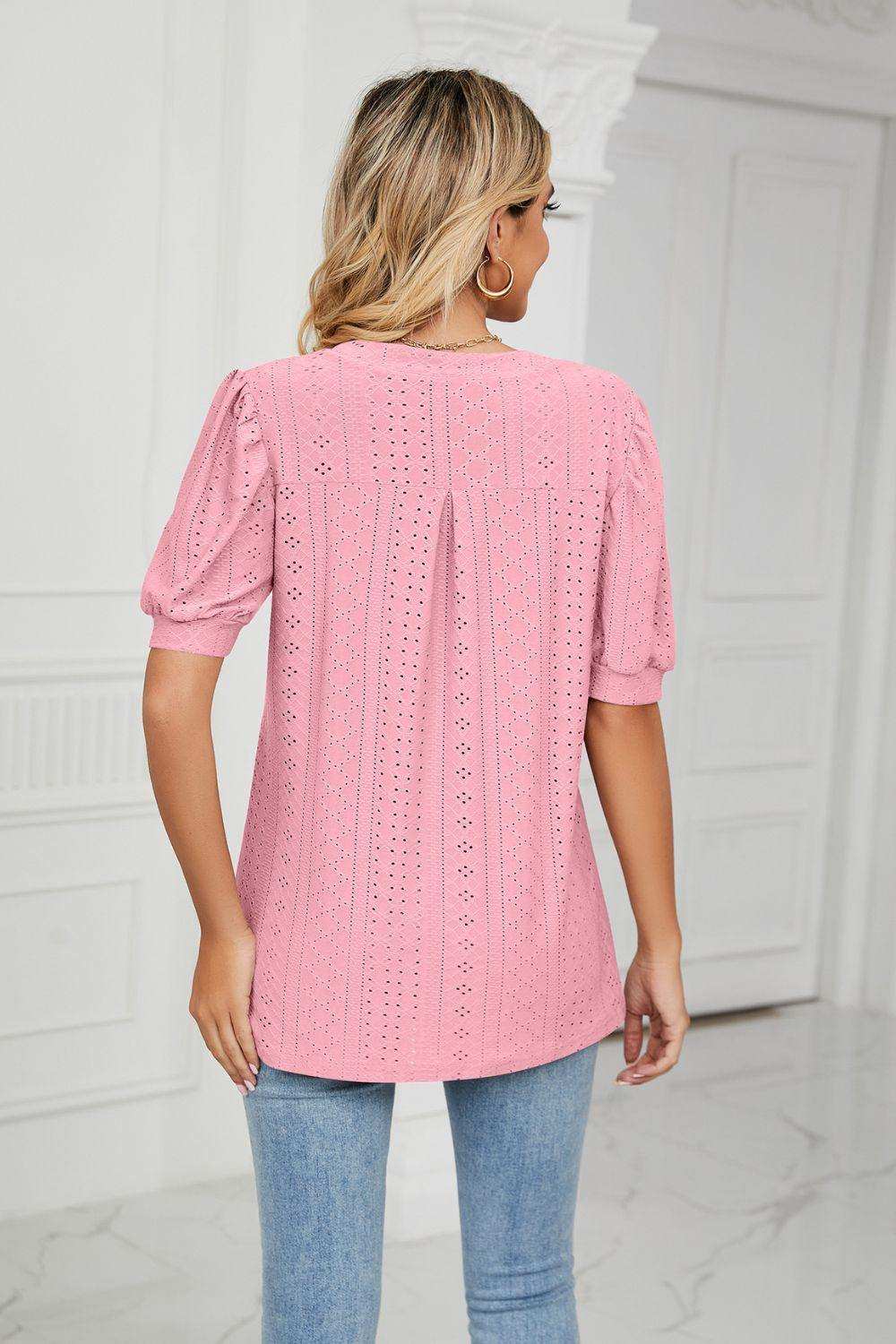 Eyelet Short Puff Sleeve Notched Neck Top - Trendsi - Flyclothing LLC