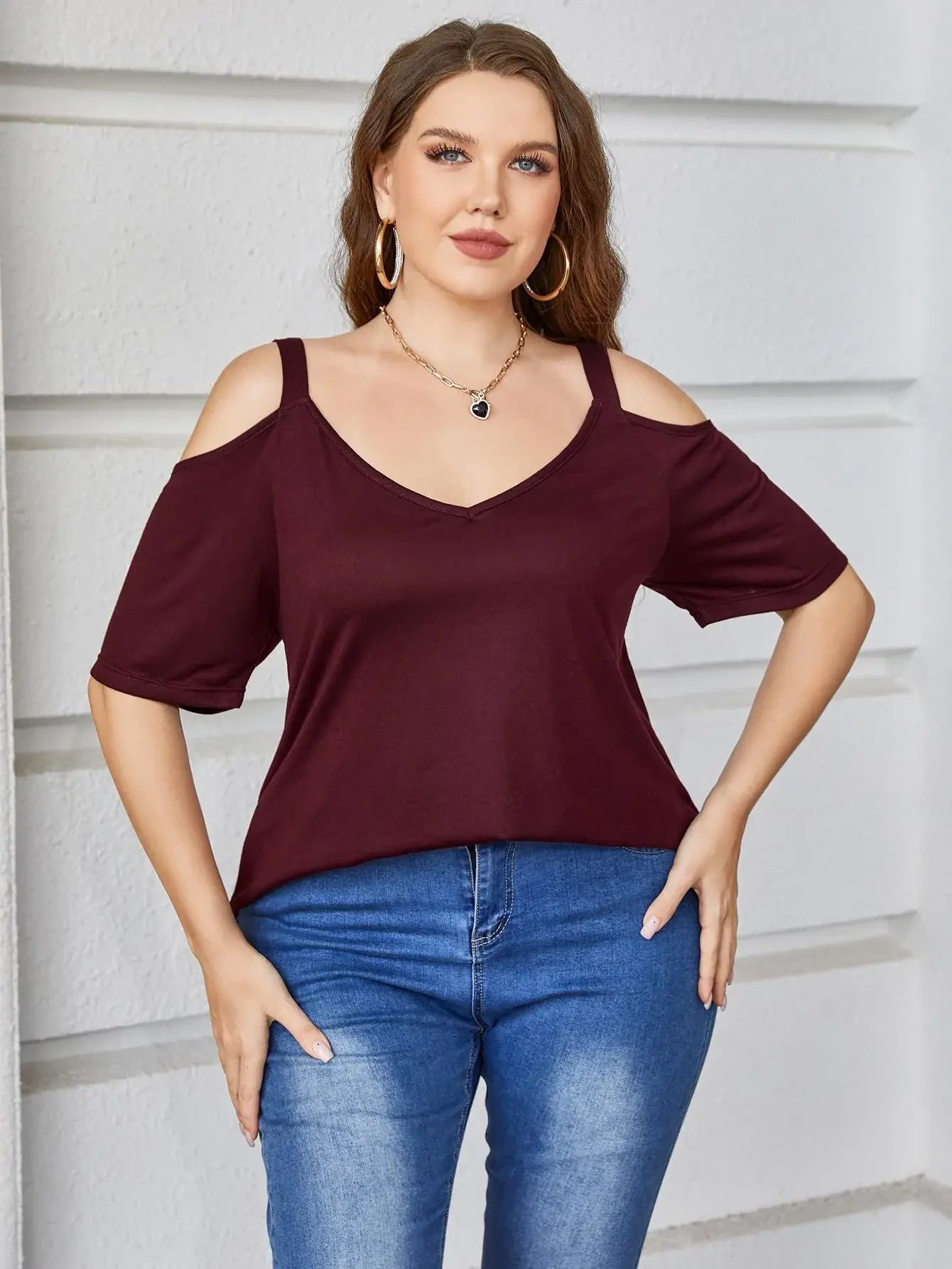 Plus Size V-Neck Cold-Shoulder Blouse - Trendsi - Flyclothing LLC