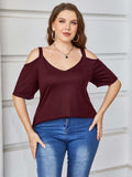 Plus Size V-Neck Cold-Shoulder Blouse - Trendsi - Flyclothing LLC