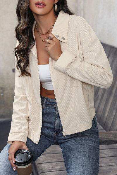 Zip Up Pocketed Collared Neck Dropped Shoulder Jacket - Trendsi - Flyclothing LLC