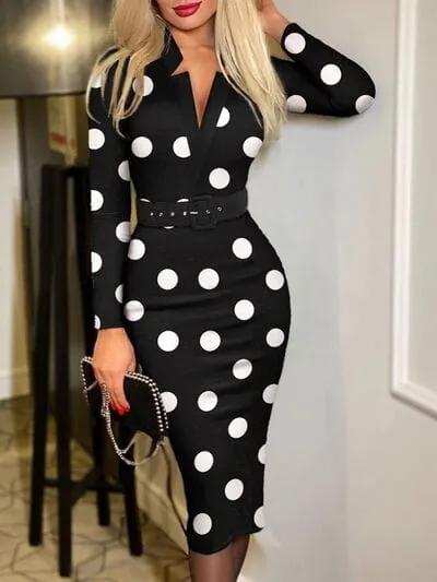 Printed Notched Long Sleeve Wrap Dress - Trendsi - Flyclothing LLC