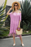 V-Neck Short Sleeve Fringe Hem Knit Dress - Flyclothing LLC