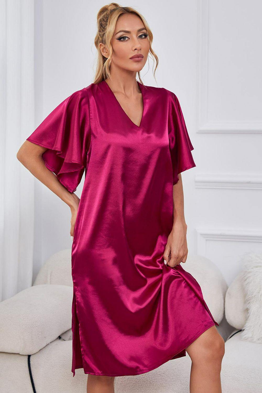 Satin Flutter Sleeve Side Slit V-Neck Night Dress - Trendsi
